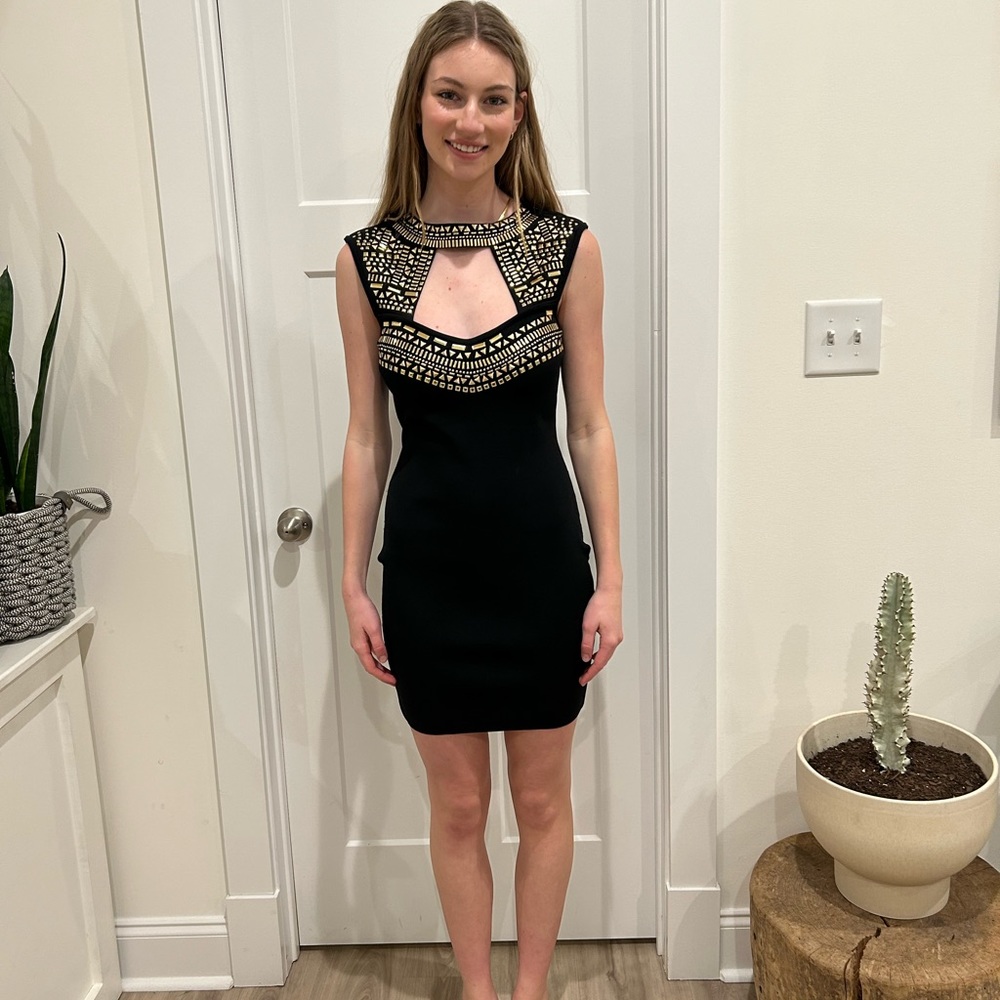 Bebe Black and Gold Mini Dress, perfect for a night out!